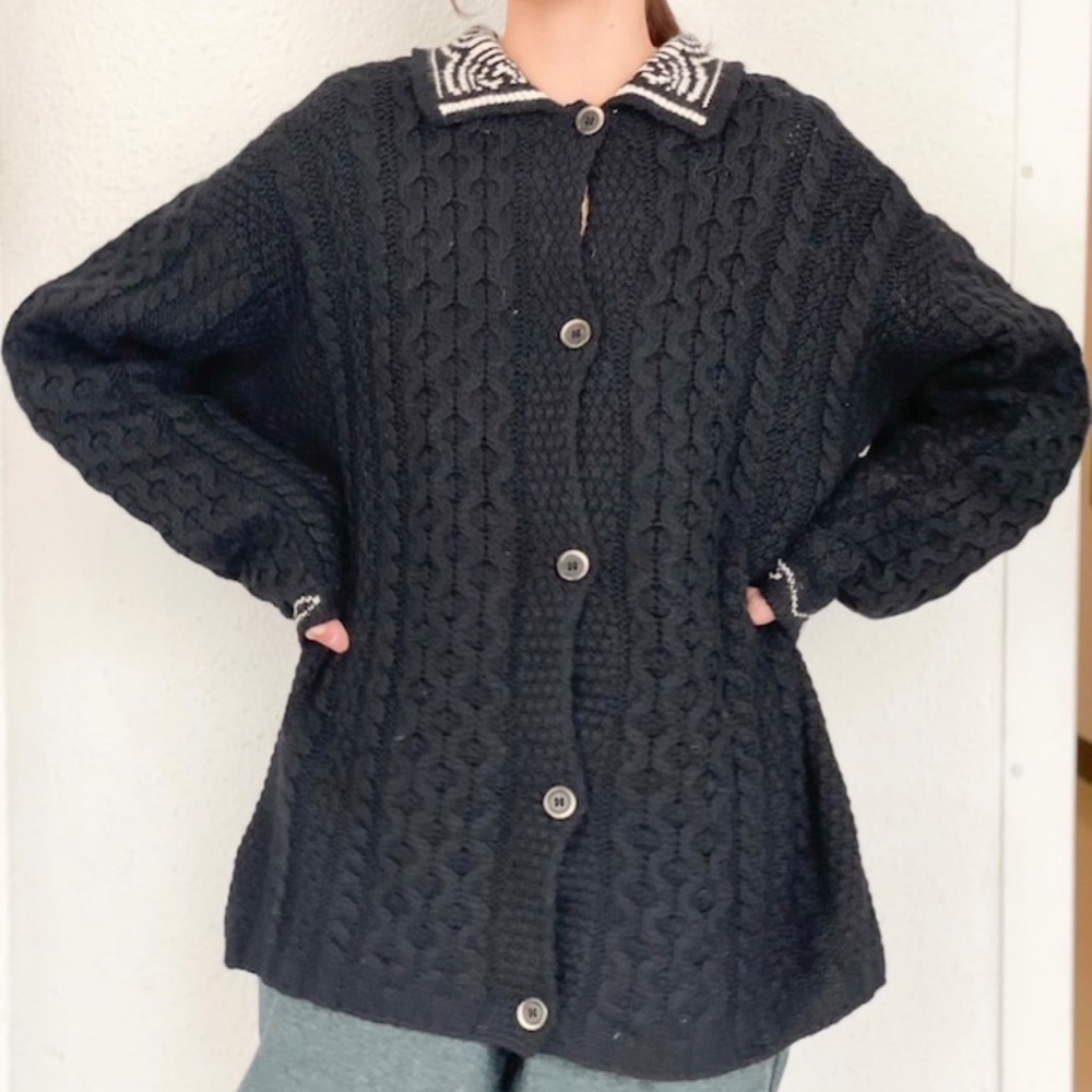 Aran Crafts Merino Wool Nordic Cable Knit Polo Button Cardigan Black White-Small